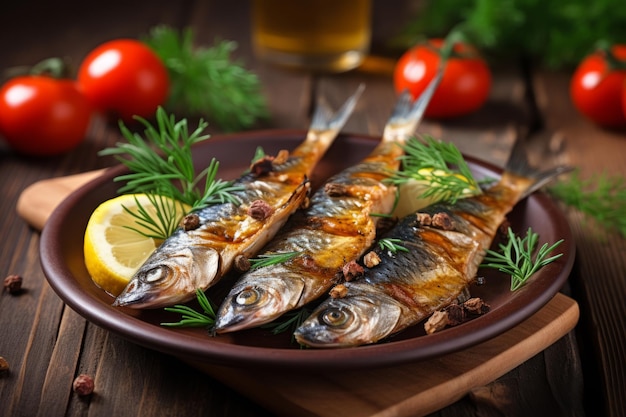 Deliziose sardine alla griglia con limone e pomodoro sul piatto di argilla marrone sulla tavola di legno