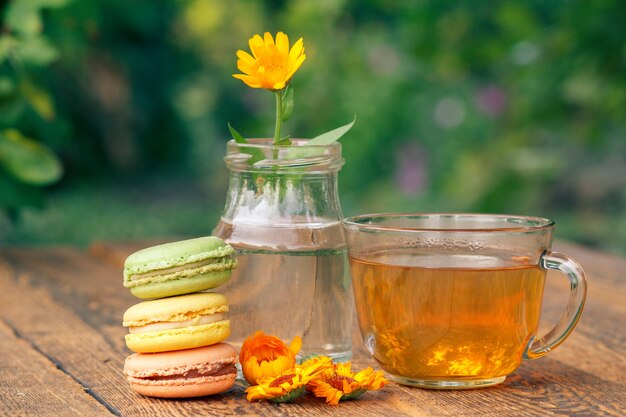 Deliziose torte di amaretti di colore diverso, fiore di calendula con un gambo in un barattolo di vetro e tazza di tè verde su tavole di legno con sfondo naturale sfocato