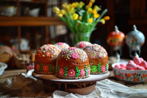 Deliziose torte pasquali adornate con decorazioni colorate che simboleggiano gioia e rinnovamento