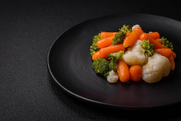 Deliziose verdure fresche, broccoli, cavolfiori, carote al vapore con sale e spezie