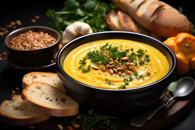 Deliziose zuppe vegane di purea di zucca sono pronte per essere servite in fotografia pubblicitaria professionale di cibo