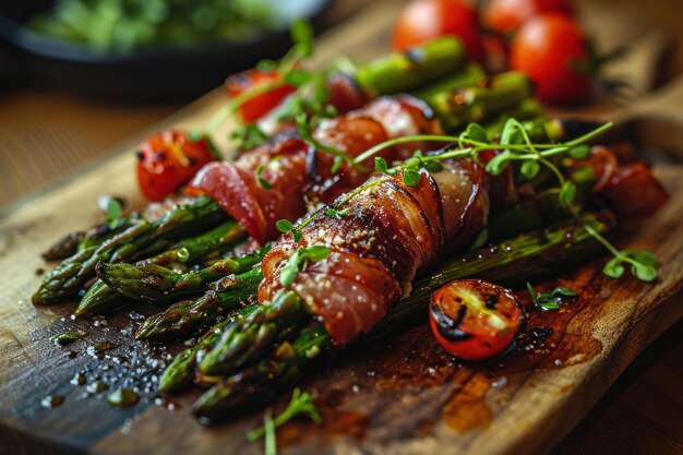 Deliziosi asparagi in un involucro di prosciutto croccante in un piatto sul tavolo spazio di copia