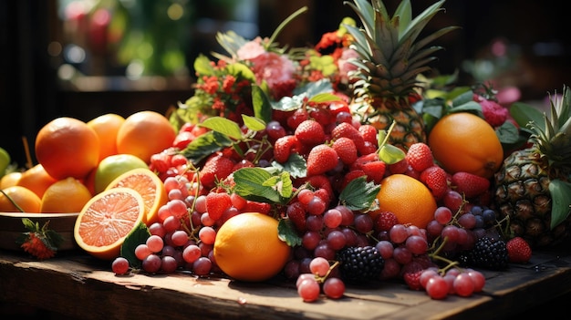 Deliziosi bellissimi sani succosi frutti di vitamine ananas uva arance mele giacciono sul tavolo