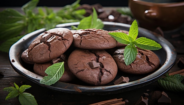 Deliziosi biscotti al cioccolato con generose schegge di cioccolata disposti deliziosamente su un piatto