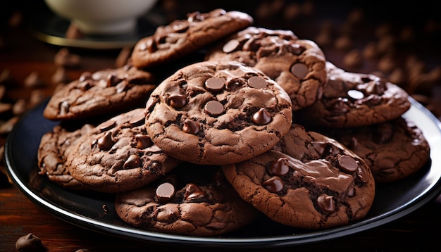 Deliziosi biscotti al cioccolato con generosi cioccolatini disposti in modo allettante su un piatto