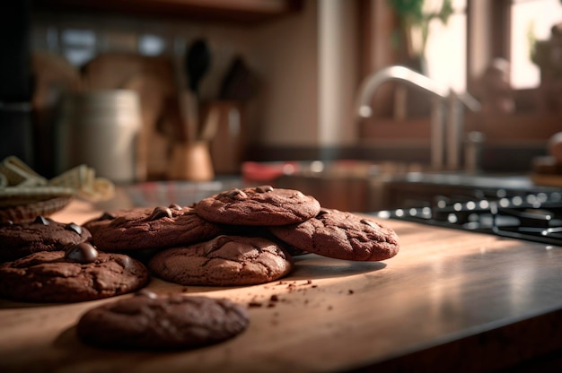 Deliziosi biscotti al cioccolato fatti in casa sulla tavola di legno rustica AI generato