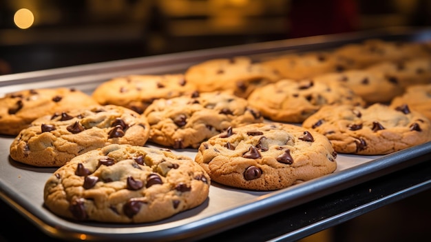 Deliziosi biscotti con gocce di cioccolato appena sfornati su un vassoio