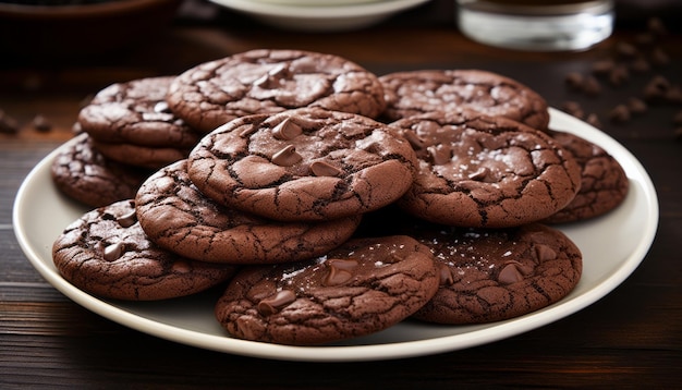 Deliziosi biscotti di cioccolato fatti in casa con ricchi cioccolatini splendidamente disposti su un piatto