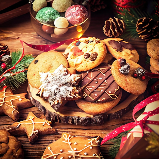 Deliziosi biscotti di Natale fatti in casa e altri dolcetti natalizi vista del primo piano