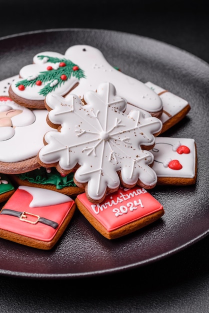 Deliziosi biscotti di pan di zenzero colorati freschi di Natale o Capodanno