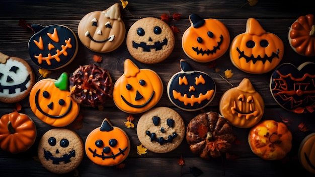 Deliziosi biscotti fatti in casa per Halloween per una festa su sfondo di legno