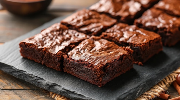 Deliziosi brownies al cioccolato con noci su tavola di ardesia