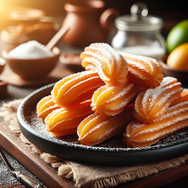 Deliziosi churros dolci con zucchero in polvere dessert tradizionale spagnolo