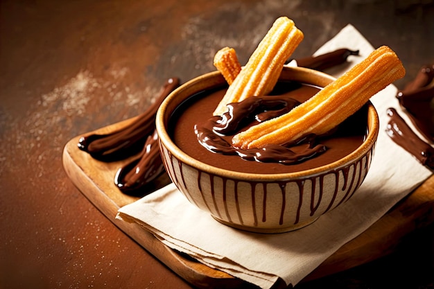 Deliziosi churros spagnoli croccanti con densa salsa al cioccolato