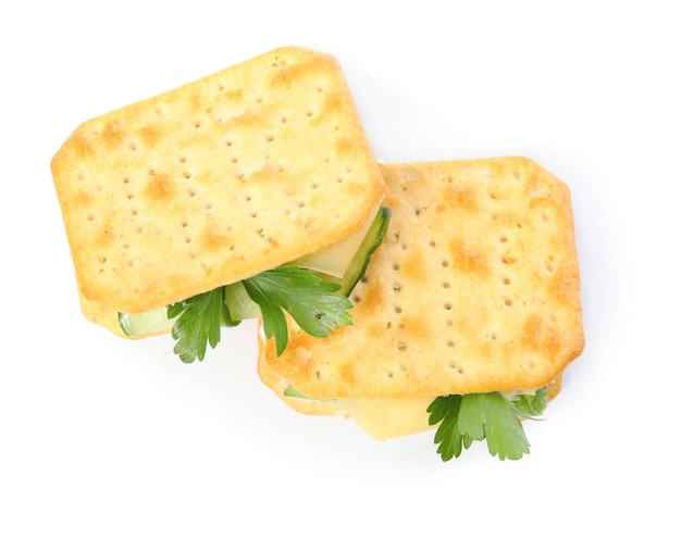 Deliziosi cracker con cetriolo di formaggio cremoso e prezzemolo su sfondo bianco vista dall'alto