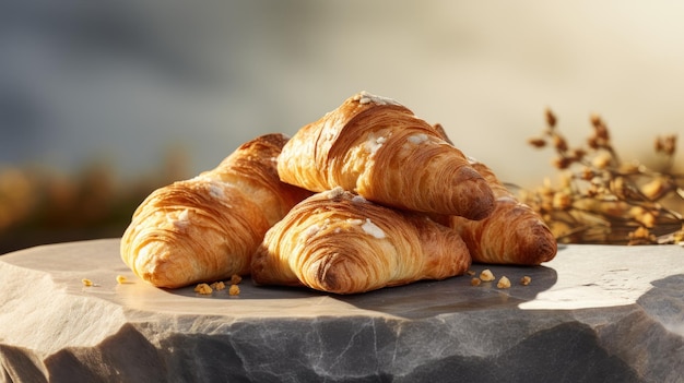 Deliziosi croissant appena cotti sdraiati sulla roccia con fiori di campo sullo sfondo sfocato del cielo