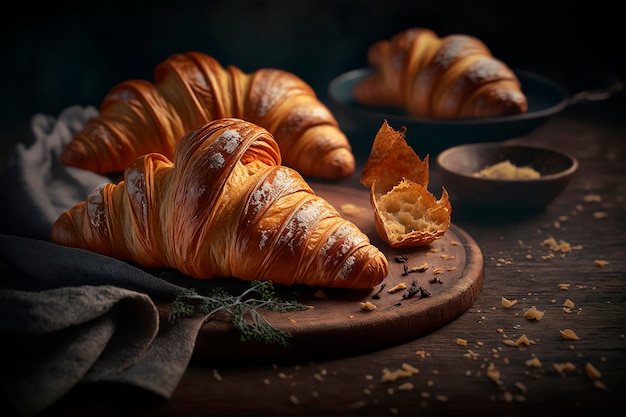 Deliziosi croissant fatti in casa sul tavolo da cucina in legno rustico AI generato