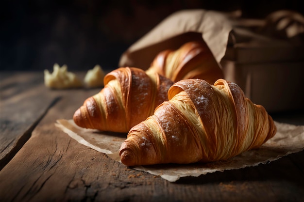 Deliziosi croissant fatti in casa sul tavolo da cucina in legno rustico AI generato