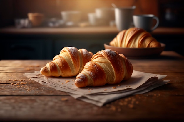 Deliziosi croissant fatti in casa sul tavolo da cucina in legno rustico AI generato