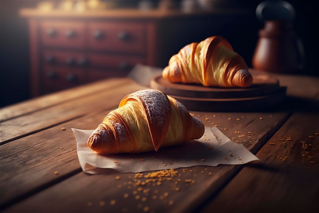 Deliziosi croissant fatti in casa sul tavolo da cucina in legno rustico AI generato