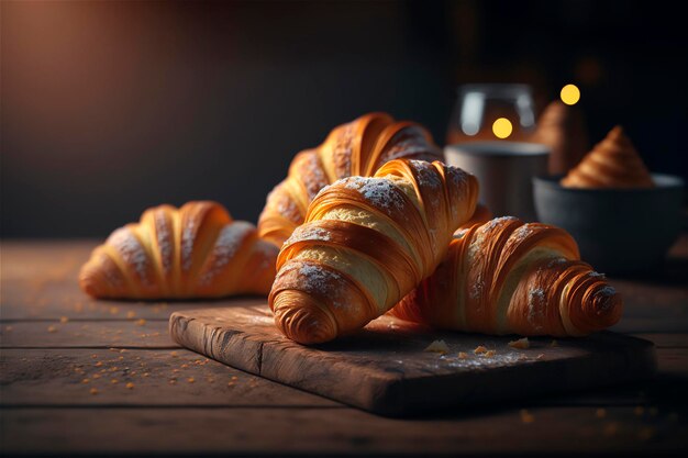 Deliziosi croissant fatti in casa sul tavolo da cucina in legno rustico AI generato