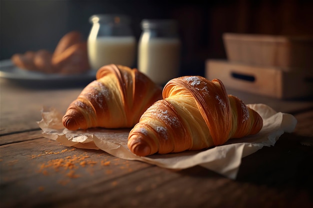 Deliziosi croissant fatti in casa sul tavolo da cucina in legno rustico AI generato