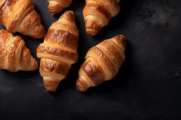 Deliziosi croissant sul tavolo su uno sfondo grigio vista dall'alto