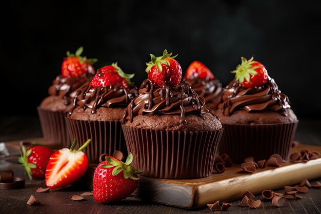 Deliziosi cupcake al cioccolato con glassa dolce e fragole fresche il dessert perfetto per il compleanno