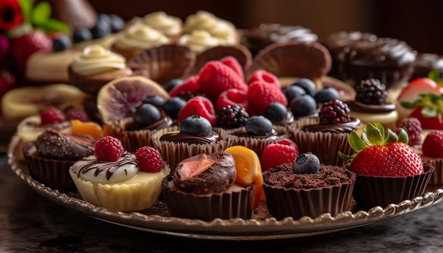 Deliziosi cupcake con decorazione di frutti di bosco freschi e glassa generata dall'intelligenza artificiale