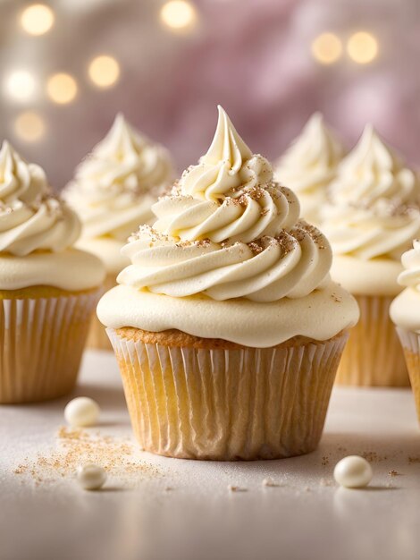 Deliziosi cupcake con ghiaccio bianco soffice e spruzzi colorati su una tavola decorativa