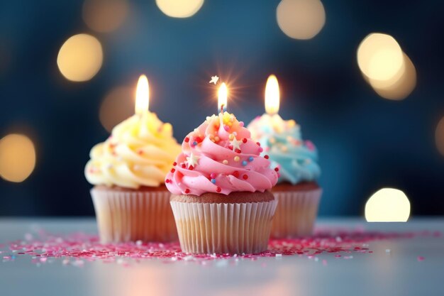 Deliziosi cupcake di compleanno con candele in piedi contro luci sfocate da vicino