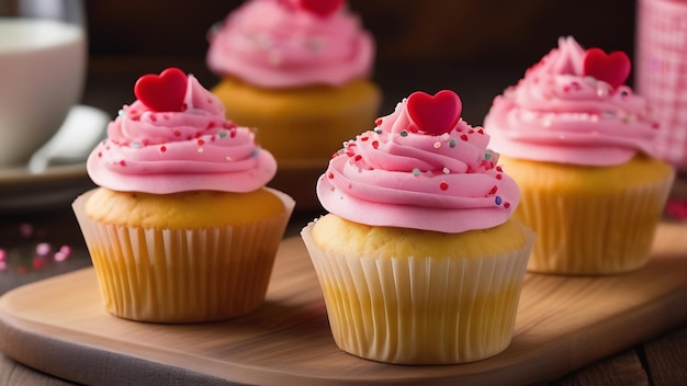 Deliziosi cupcake dolci con crema rosa e cuore come dessert per il giorno di San Valentino su una tavola di legno di cucina Un regalo festivo per coloro che hanno un dente dolce Dichiarazione di amore sotto forma di cibo