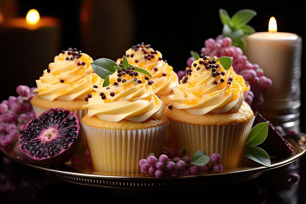 Deliziosi cupcakes al frutto della passione con glassa e semi generativi IA