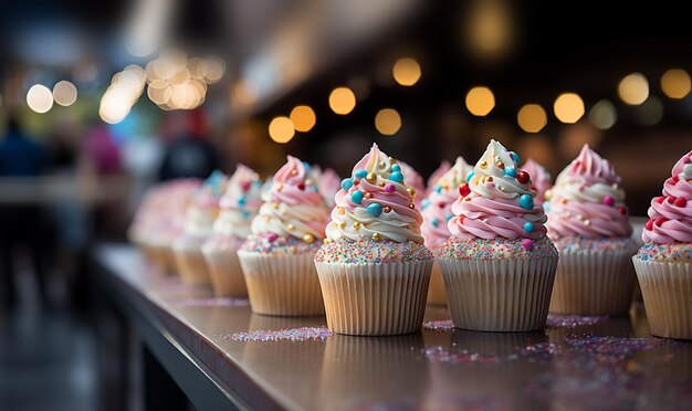 Deliziosi cupcakes di compleanno con luci bokeh sfocate sfondo tema unicorno color pastello per