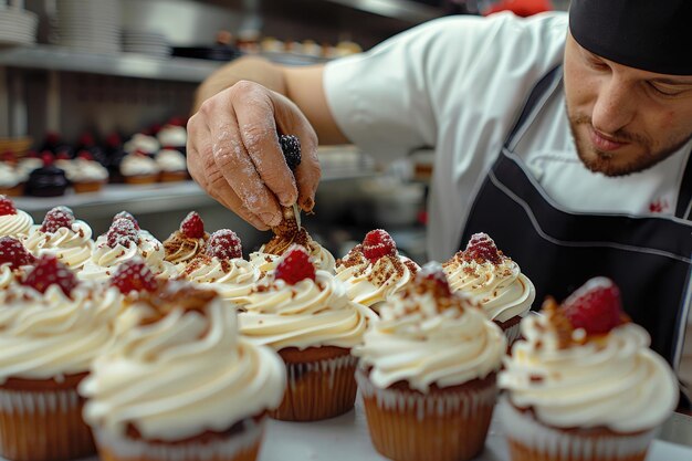 Deliziosi cupcakes sono decorati da un pasticciere maschio Generative Ai