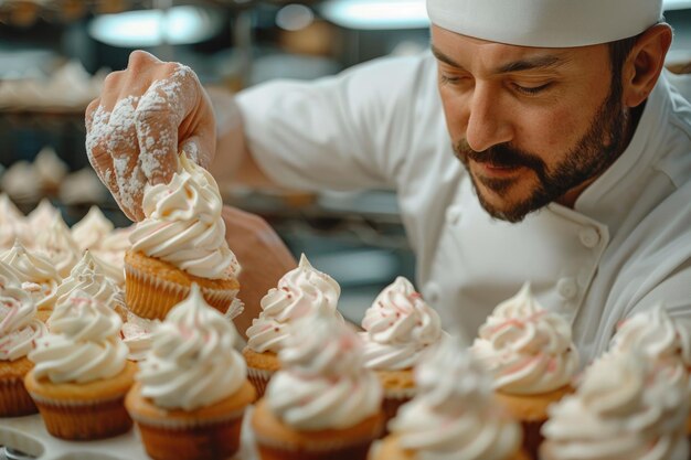 Deliziosi cupcakes sono decorati da un pasticciere maschio Generative Ai