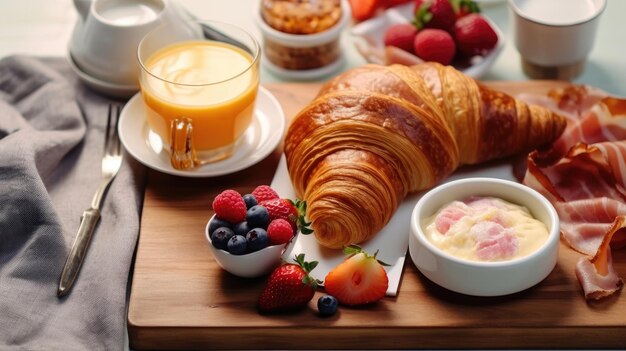 Deliziosi ed eleganti croissant belgi per la colazione avvolti in yogurt al bacon con fragole