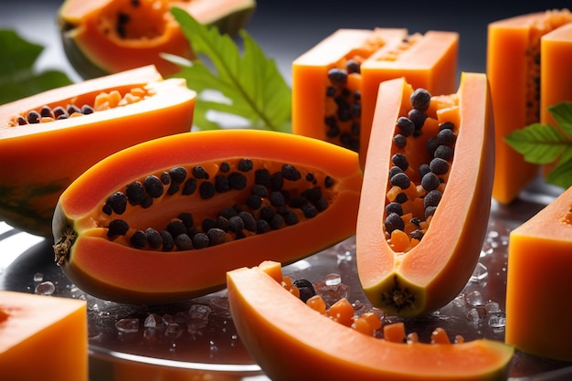 deliziosi frutti di papaya tagliati in piccoli cubi su un piatto di vetro isolato sullo sfondo di carta bianca