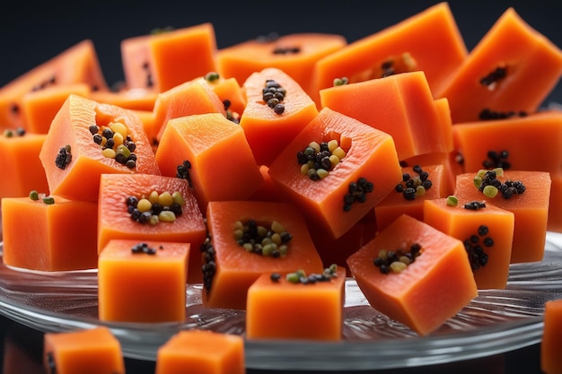 deliziosi frutti di papaya tagliati in piccoli cubi su un piatto di vetro isolato sullo sfondo di carta bianca