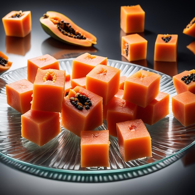 deliziosi frutti di papaya tagliati in piccoli cubi su un piatto di vetro isolato sullo sfondo di carta bianca