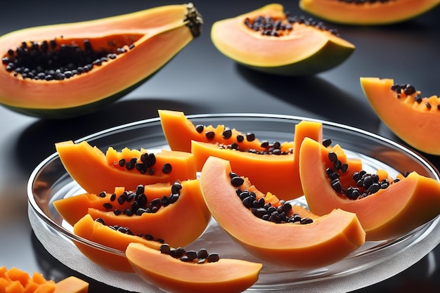 deliziosi frutti di papaya tagliati in piccoli cubi su un piatto di vetro isolato sullo sfondo di carta bianca