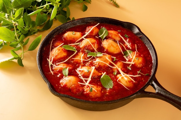 Deliziosi gnocchi con salsa di pomodoro rosso e basilico serviti in una padella nera su fondo beige in vista frontale