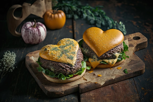 Deliziosi hamburger appetitosi con formaggio e succoso hamburger a forma di cuore di manzo