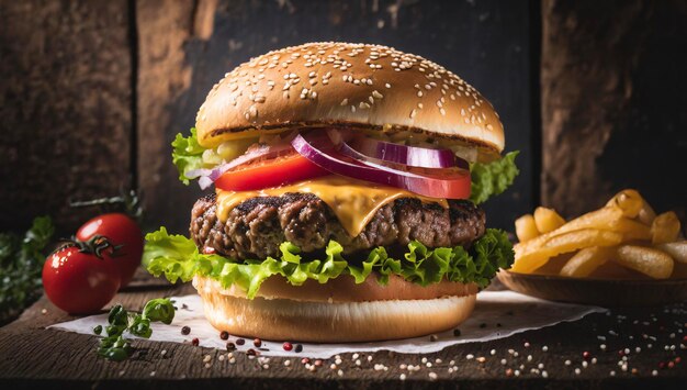 Deliziosi hamburger e condimenti. Le riprese in studio sono di professionisti.