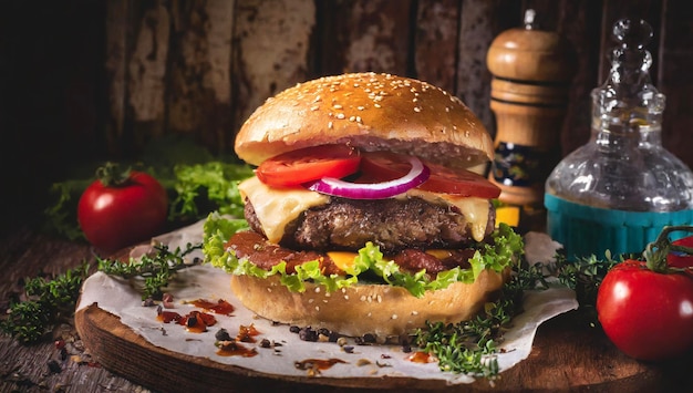 Deliziosi hamburger e condimenti. Le riprese in studio sono di professionisti.