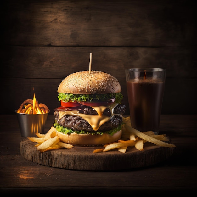 deliziosi hamburger fatti in casa di formaggio di manzo e verdure su un vecchio tavolo di legno