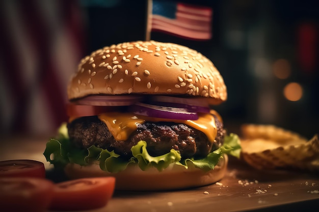 Deliziosi hamburger serviti su assi di legno con bandiera USA AI