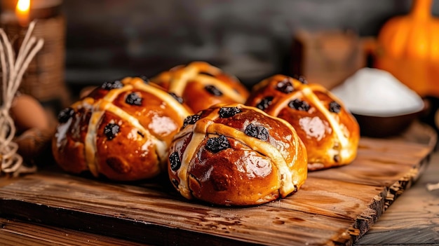 Deliziosi hot cross bun di uva passa su tavola di legno