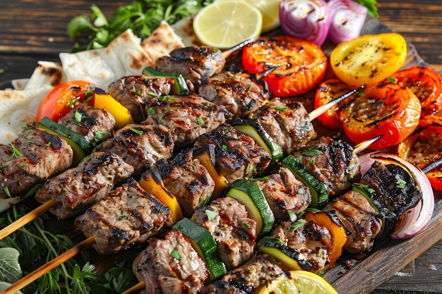 Deliziosi kebab alla griglia con verdure su piatto di legno Perfetto piatto da barbecue per mangiare e