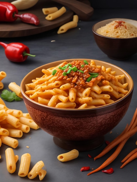 Deliziosi maccheroni di pasta piccante fatti in casa con erbe e spezie